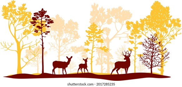 Red, orange, pink set of trees of different shapes and sizes, deer, doe, fawn. Brush. Silhouettes of forest and animals. Illustration isolated on white background.