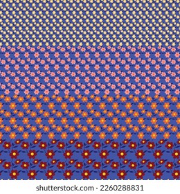 red orange pink and yellow seamless floral vector small flowers with leaves border pattern on blue background