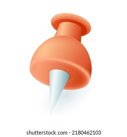 Red or orange push pin for office or school work 3D icon. Thumbtack for pinning documents, notes, reminders 3D vector illustration on white background. Business, career, stationery, education concept