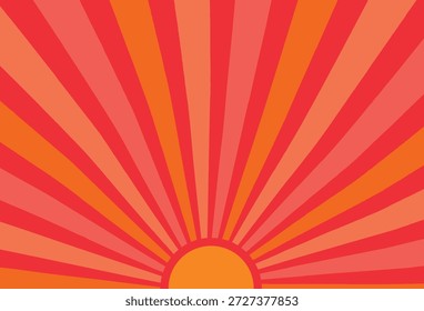 A red and orange rising sun background illustration. Abstract vector sunburst with radial rays extending from the bottom. Vibrant pop art backdrop perfect for circus posters, carnival banners, summer promotions, Japanese style motifs, or vintage 70s design elements.