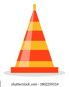 Ilustración vectorial plana de cono de carretera rojo y naranja. Signo utilizado para proporcionar un tráfico seguro durante la construcción de carreteras aislado en blanco. Equipo de alerta de conos de seguridad, objeto de calle de barrera de borde de plástico
