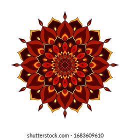 Rot-orangefarbene runde Mandala einzeln auf weißem Hintergrund. Vektorillustration