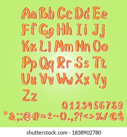 Red and orange sans serif font. English alphabet. Upper and lower case. Symbols, numbers and punctuation marks. Streamlined childish vector font.
