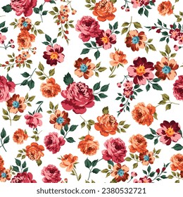 flores vectoriales sin costuras rojas y anaranjadas con patrón de hojas blancas