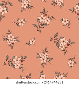 red and orange seamless vector stock flowers with brown leaves pattern on orange background