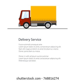 Red Orange Small Truck and Text , Poster Transportation and Cargo Delivery Services, Logistics, Shipping and Freight of Goods, Flyer Brochure Design, Vector Illustration