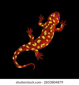 Red orange spotted lizard gecko embroidery design. Folk needlework stitch style. Fashion clothing patches stickers print. Black background hand-stitched vector art.