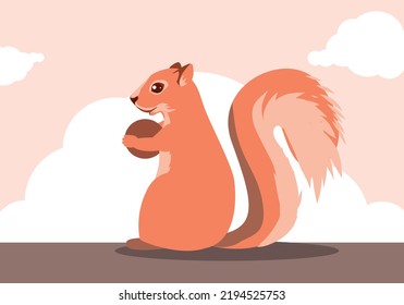 Red (Orange) squirrel holding nut, simple flat illustration. Friendly and bright autumn time. Wild animals at the wood, kids oriented  