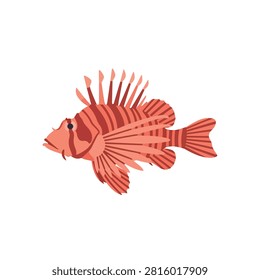 Red and Orange Striped Lionfish Pterois Volitans Flat Vector Illustration Isolated on White Background