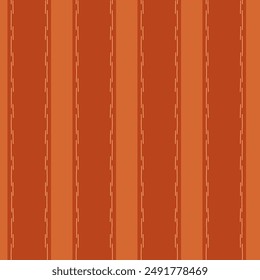 Red and orange striped seamless pattern with hand drawn slightly offset dashed stitches. Suitable for use in textiles, wallpapers, and other decorative applications.