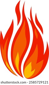 Red and orange stylized flames rising from a cartoon campfire, creating a bright fireball with a hot fiery center, ideal for representing concepts of heat, wildfire, and bonfire