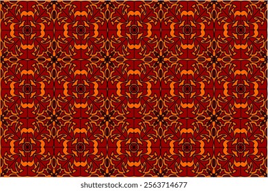 Red and orange symmetrical geometric motif with artistic patterns in a classic style. This design features intricate details with floral elements and regular circular shapes, perfect for backgrounds.