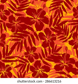 Red and orange tropical flowers silhouettes vector seamless pattern