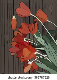 red orange tulips on the wood floor illustration 