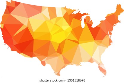 Red orange USA Map in Low Poly Style on isolated white background. United States of America area in Polygonal diamond style for your design.