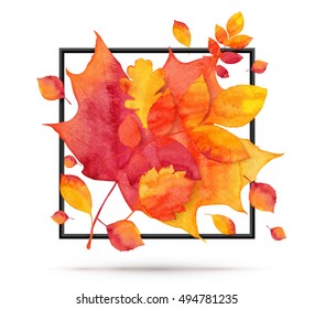 Red and orange vector autumn maple leaves in black frame isolated on white background