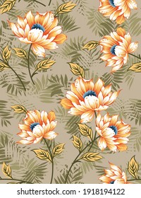 red orange vector flowers with green leaves bunches pattern on cream background
