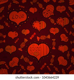 Red, orange. Vector. Happy Valentine':s Day. Seamless pattern Beautiful handdrawn seamless with hearts. Festive love background. Perfect design element for wallpaper, textile, wedding invitation.