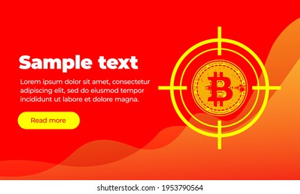 Plantilla de banner web naranja rojo con texto, leer más botón y moneda de moneda plana criptografía virtual bitcoin a la vista de armas. La caza del bitcoin