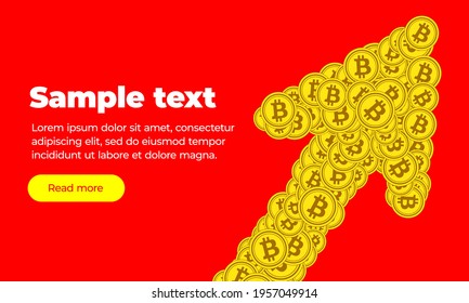 Red orange web banner template with text, read more button and An upward arrow which consists of gold coins of the virtual cryptocurrency bitcoin. Currency value growth symbol. Trading trend up. 
