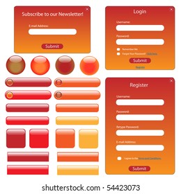 Red and orange web template with buttons and forms.