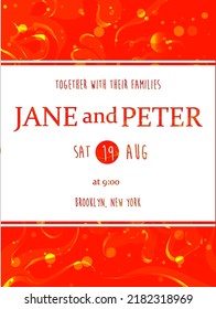 Red and orange wedding invitation. Luxurious gold template for cards, posters, parties and events. Rustic lava effect abstract background for celebrating family events