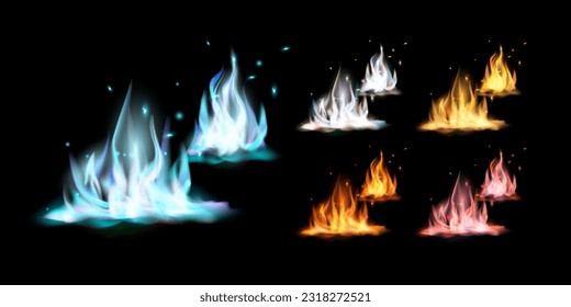 Red, orange, white, purple and blue fire flame realistic set. Fire flames burning, natural gas burning and igniting fire. Vector illustration.