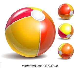 Red, orange and yellow beach balls in different positions isolated on a white background. Symbol of summer fun at the pool or seaside. Vector illustration