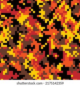 Red, Orange, Yellow and Black Colors Background. Abstract Africa Camouflage Texture with Squares for Textile Print, Banner, Card, Web or Mobile Applications. Vector Modern Pixel Tech Pattern Texture