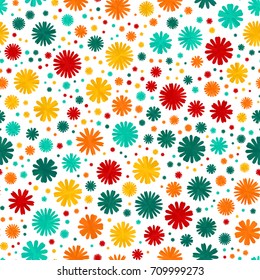 Red, orange, yellow, blue, green, aqua gradient spot flower tracery seamless pattern on white. Abstract floral geometric ornament for prints, textile, fabric, wrapping, package, cover, greeting cards