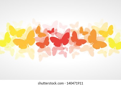Red, orange and yellow butterflies vector background on white