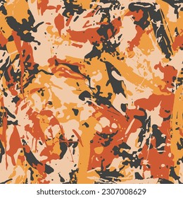 Red orange and yellow colors camouflage with dry brush strokes, seamless hand drawn blots grunge pattern. Scribble military camo texture, fashionable urban fabric. Vector illustration