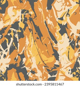 Red orange and yellow colors camouflage with dry brush strokes, seamless hand drawn blots grunge pattern. Scribble military camo texture, fashionable urban fabric. Vector illustration