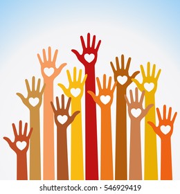 Red orange yellow colors colorful caring up hands hearts vector logo design element. Volunteers hands up with heart emblem  icon for education, health care, medical, volunteer, vote.