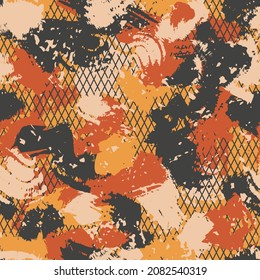 Red orange and yellow colors lattice camouflage with dry brush strokes, seamless hand drawn blots grunge pattern. Scribble military camo, grid texture, fashionable urban fabric. Vector illustration.