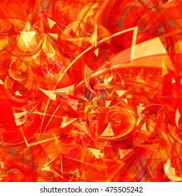 Red, orange, yellow. Curved triangle. Sharp angles. Spirals. Abstract seamless vector pattern for the fabric, printing and packaging paper.