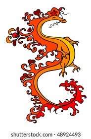 Red, orange and yellow dragon with flourishes and hearts