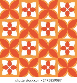 Red Orange and Yellow Flower Pattern. Simple 2D Floral Themed Background. Ornamental Decorative Tiled Floor Pattern. Printable design element for cloth, shirt, book coer, etc. Batik Kawung from Jogja.