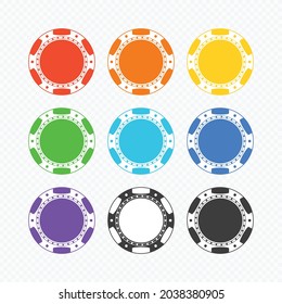 Red orange, yellow, green, blue, purple, black and white poker chip isolated on transparent background. Colored casino chips in flat style. Top view. Vector illustration EPS 10.