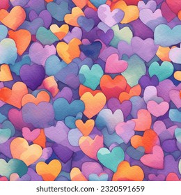 Red, orange, yellow, green, blue, indigo, violet, tons of Hearts: Abstract Watercolor Seamless Pattern 
