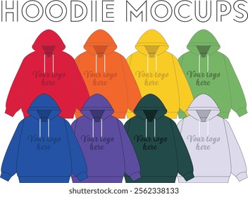 red, orange, yellow, green, blue, purple, and white hoodie line art flat drawing 2d vector mockup