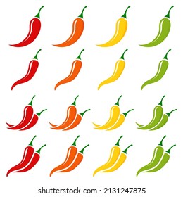 Red, orange, yellow and green chili pepper icon isolated on white background
