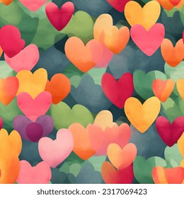 Red, orange, yellow, green, Colorful Tons of Hearts: Abstract Watercolor Seamless Pattern 
