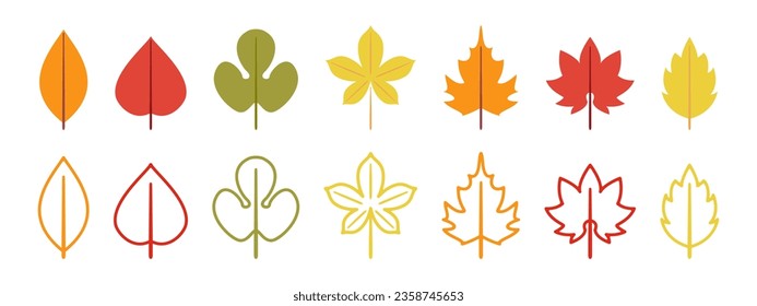 Red orange yellow Japanese autumn leaves, autumn maple fallen leaves, vector icon illustration material set