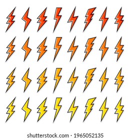 Red, orange and yellow lightning bolt icons. Flash, thunderbolt symbol. Simple lightning strike sign. Vector illustration.