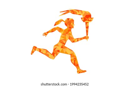 Red, orange and yellow low polygon running girl with olympic torch vector