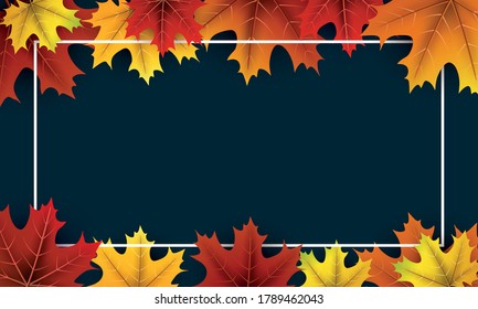 Red, orange and yellow maple leaves frame on dark blue background. Vector autumn illustration.