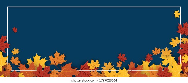 Red, orange, yellow maple leaves bottom frame on dark blue background. Vector illustration.