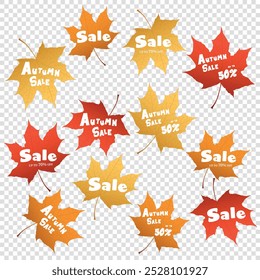 Red, orange, and yellow maple leaves pack for sale with transparent background. Good  for ad posts, web posts, sale ads, banners, stickers