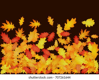 Red, orange and yellow oak leaf abstract background seasonal vector illustration. Dry autumn leaves falling graphic design. Fall season specific vector background. Oak tree autumn foliage.